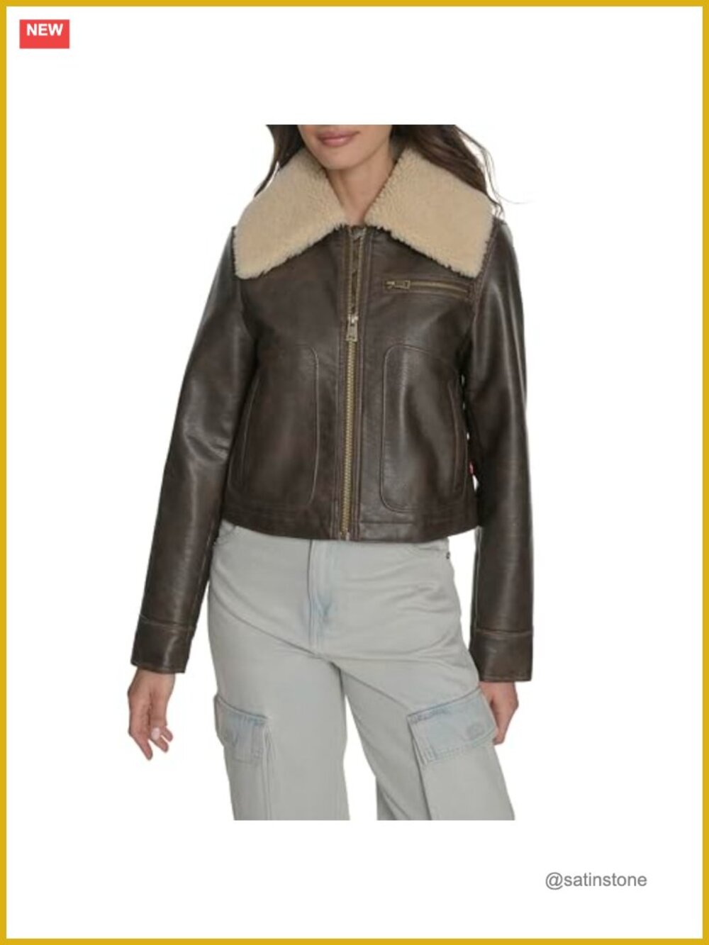 Faux Leather Aviator Jacket Quilted Lining Zip Front